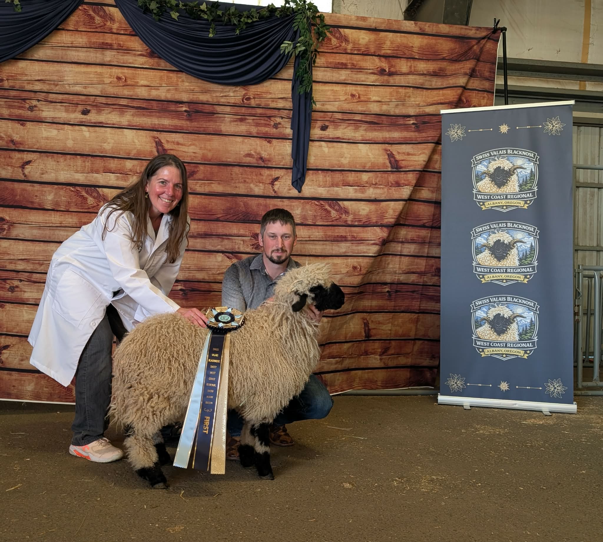 Cloud Cap Daisy, Champion F1/F2 Ewe, with her blue first-place ribbon shown by Jeri and Ed before the Swiss Valais Blacknose West Coast Regional banner